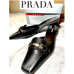 NEW! PRADA black leather mules, clogs, loafer kitten heels. Size 37.